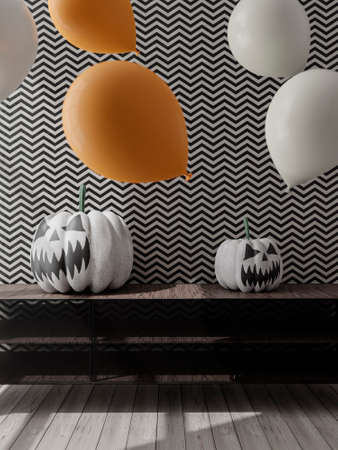 3D illustration of living room Halloween decoration. Pumpkins and balloons. 3D renderingの写真素材