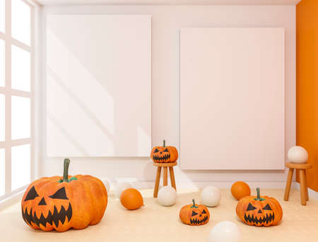 3D illustration of living room Halloween decoration. Pumpkins and balloons. 3D renderingの写真素材