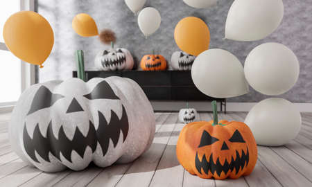 3D illustration of living room Halloween decoration. Pumpkins and balloons. 3D renderingの写真素材