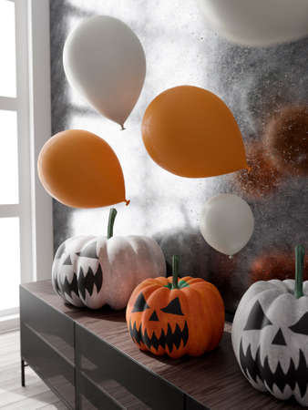 3D illustration of living room Halloween decoration. Pumpkins and balloons. 3D renderingの写真素材