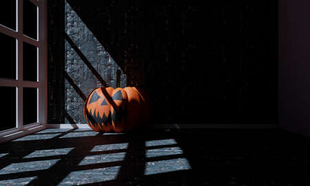 3D illustration of living room Halloween decoration. 3D rendering . Night sceneの写真素材