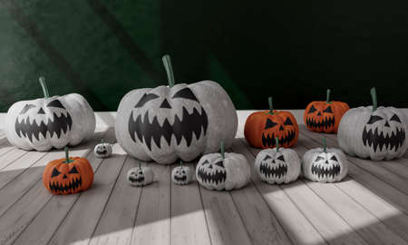 3D illustration of living room Halloween decoration. 3D rendering . Night sceneの写真素材