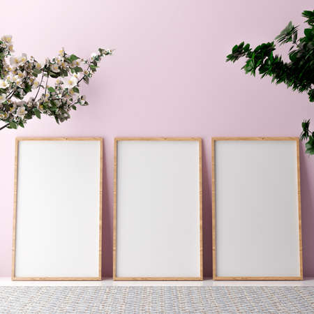 Vertical wooden frame mock up on green wall background with plants, 3d illustrationの写真素材
