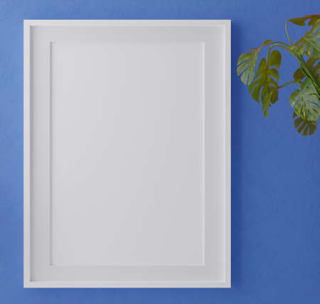 Vertical wooden frame mock up on green wall background with plants, 3d illustrationの写真素材