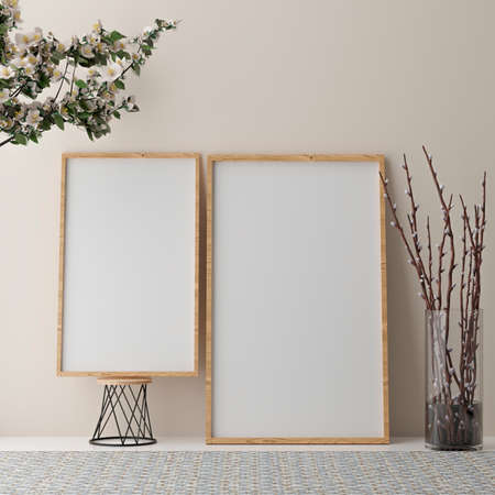 Vertical wooden frame mock up on green wall background with plants, 3d illustration