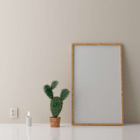 Vertical wooden frame mock up on green wall background with plants, 3d illustrationの写真素材