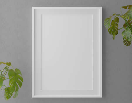 Vertical wooden frame mock up on green wall background with plants, 3d illustrationの写真素材
