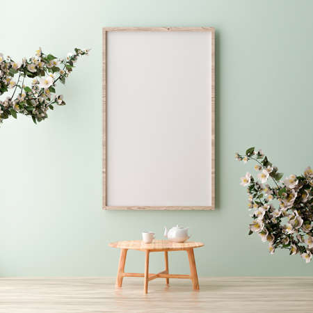 Vertical wooden frame mock up on green wall background with plants, 3d illustrationの写真素材