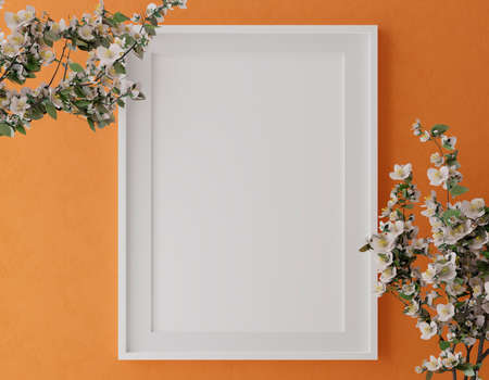 Vertical wooden frame mock up on green wall background with plants, 3d illustrationの写真素材
