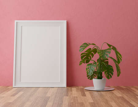 Vertical wooden frame mock up on green wall background with plants, 3d illustrationの写真素材