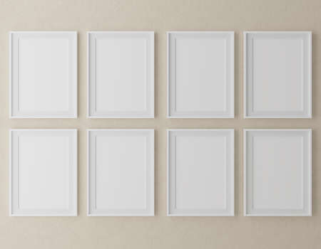 Eight Vertical wooden frame mock up on beige wall background with plants, 3d illustrationの写真素材