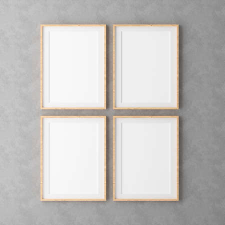 Four Vertical wooden frame mock up on blue wall background with plants, 3d illustrationの写真素材