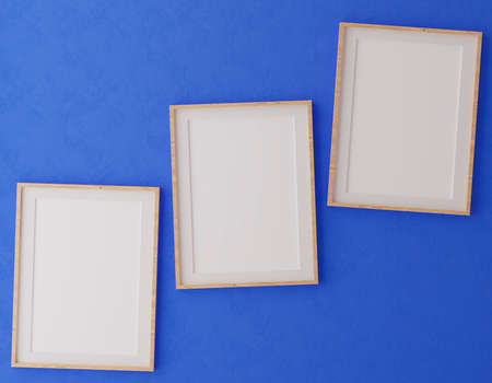 Three Vertical wooden frame mock up on blue wall background with plants, 3d illustrationの写真素材