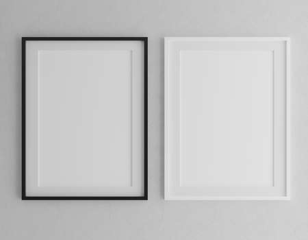 Two Vertical wooden frame mock up on beige wall background with plants, 3d illustrationの写真素材