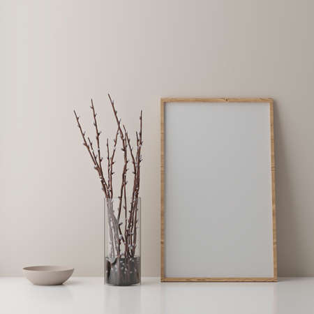 Blank vertical poster frame mock up standing on beige floor. One wooden frame isolated in Scandinavian interior. 3d renderの写真素材