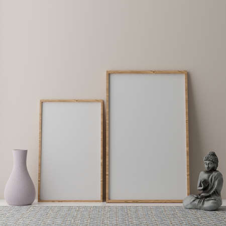 Two vertical white frame mock up, white frame on beige wall, 3d illustrationの写真素材