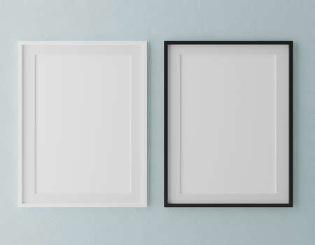 Two Vertical wooden frame mock up on blue wall background with plants, 3d illustrationの写真素材