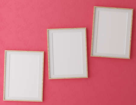Three Vertical wooden frame mock up on red wall background with plants, 3d illustrationの写真素材