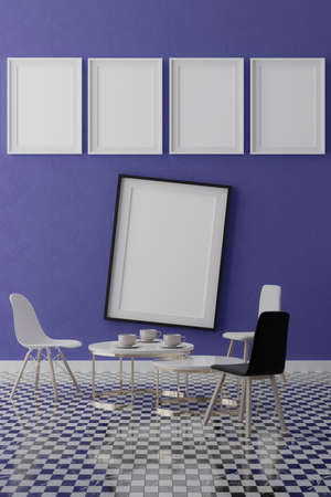 Five vertical white frame mock up, white frame on blue wall, 3d illustrationの写真素材