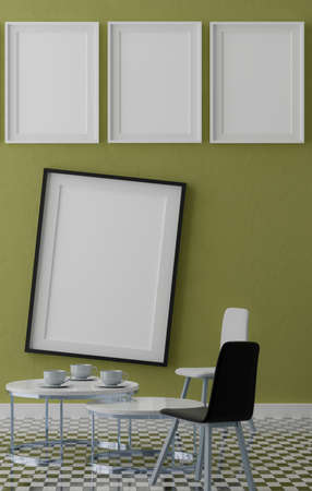 Three vertical white frame mockup, golden frame on black wall, 3d illustrationの写真素材