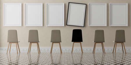 Three vertical white frame mockup, golden frame on black wall, 3d illustrationの写真素材