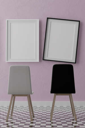 Three vertical white frame mockup, golden frame on black wall, 3d illustrationの写真素材