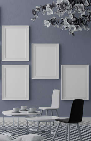 Three vertical white frame mockup, golden frame on black wall, 3d illustrationの写真素材