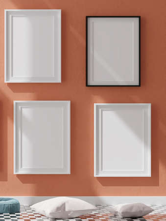 Three vertical white frame mockup, golden frame on black wall, 3d illustrationの写真素材