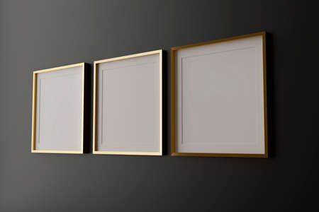 Three vertical white frame mockup, golden frame on black wall, 3d illustration