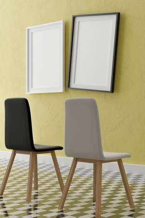 Two vertical white frame mock up, wooden frame and chairs on yellow wall, 3d illustrationの写真素材