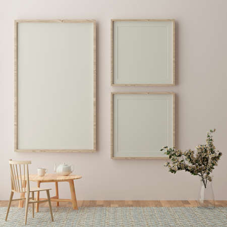 three vertical white frame mock up, wooden frame and chairs on yellow wall, 3d illustrationの写真素材