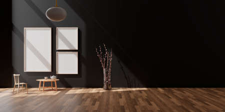 Three vertical white frame mockup, golden frame on black wall, 3d illustration