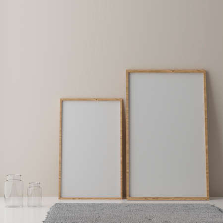 Two vertical white frame mockup, white frame on beige wall, 3d illustrationの写真素材
