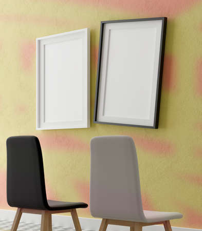 Two vertical white frame mock up, wooden frame and chairs on yellow wall, 3d illustrationの写真素材