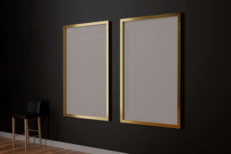 Two vertical white frame mockup, golden frame on black wall, 3d illustrationの写真素材