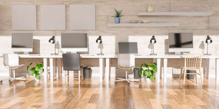 Modern office with computers mockup. Black screen. 3d illustrationの写真素材