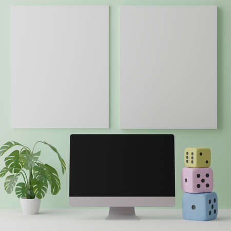 Computer mockup green background on table. Laptop with Black screen..3d renderingの写真素材