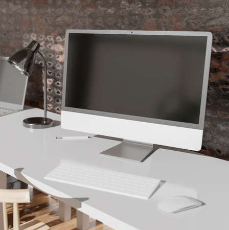 Modern office with computers mockup. Black screen. 3d illustrationの写真素材