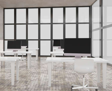 Modern office with computers mockup. Black screen. 3d illustrationの写真素材