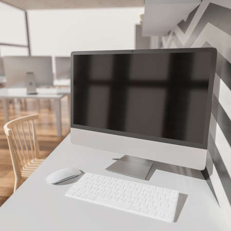 Modern office with computers mockup. Black screen. 3d illustrationの写真素材