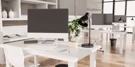 Modern office with computers mockup. Black screen. 3d illustrationの写真素材