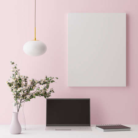 Computer mockup pink background on table. Laptop with Black screen..3d renderingの写真素材