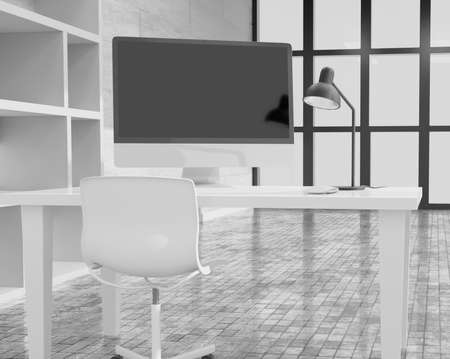 Modern office with computers mockup. Black screen. 3d illustrationの写真素材