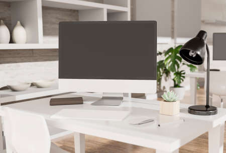 Modern office with computers mockup. Black screen. 3d illustrationの写真素材