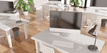 Modern office with computers mockup. Black screen. 3d illustrationの写真素材