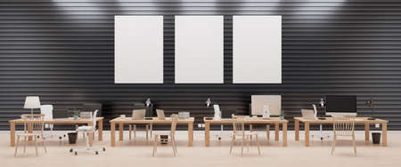 Modern office with computers mockup. Black screen. 3d illustrationの写真素材