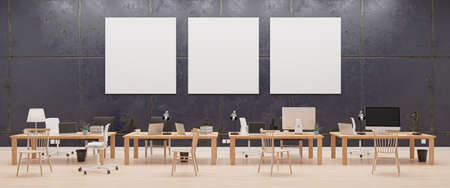 Modern office with computers mockup. Black screen. 3d illustrationの写真素材