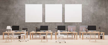 Modern office with computers mockup. Black screen. 3d illustrationの写真素材