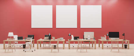 Modern office with computers mockup. Black screen. 3d illustration