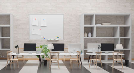 Modern office with computers mockup. Black screen. 3d illustrationの写真素材